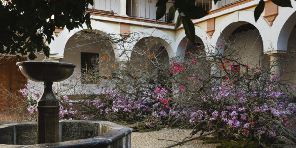 Claustro de la Fundaci&oacute;n Antonio Gala en el antiguo Convento del Corpus Christi de C&oacute;rdoba, con fuente de piedra y arcos barrocos.