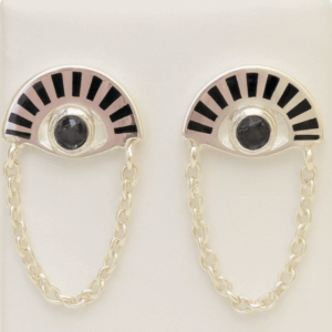 Pendiente Arco Cadena Cascada Plata Esmaltado Negro Gema 4mm Talla Brillante