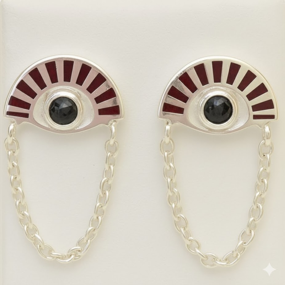 Pendiente Arco Cadena Cascada Plata Esmaltado Rojo Gema 4mm Talla Brillante