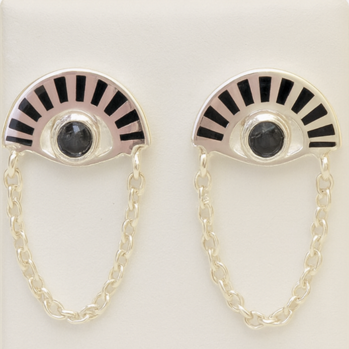 Pendiente Arco Cadena Cascada Plata Esmaltado Negro Gema 4mm Talla Brillante